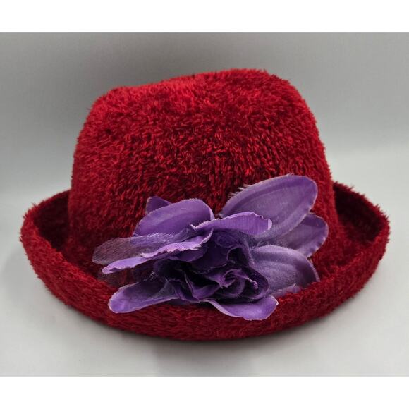 Red Fuzzy Jaclyn Smith Bucket Hat with Purple Flower Pin Season 5812 - Picture 1 of 8